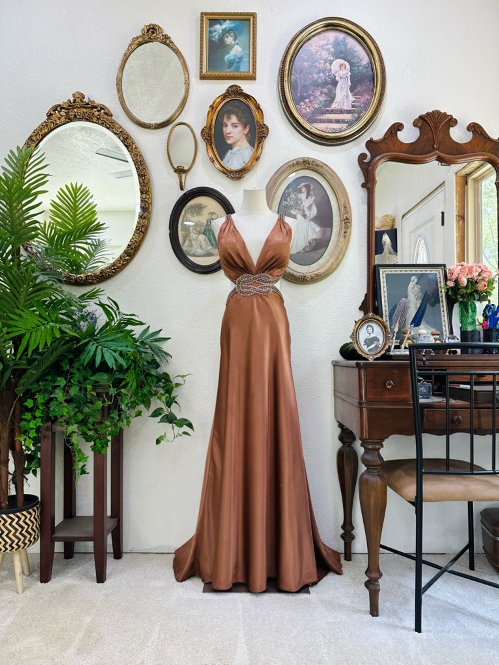Tony Bowls Copper Satin Maxi Gown with Beaded Waist